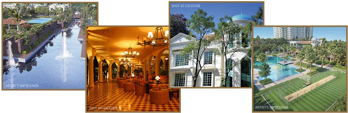 Neelkanth Woods Detail A visual collage displaying a swimming pool, a tennis court, and a swimming pool, highlighting recreational spaces at Neelkanth Woods Bungalows in Thane.