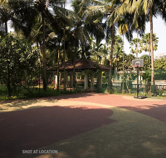 A basketball court encircled by lush trees offers a tranquil environment for sports and relaxation.